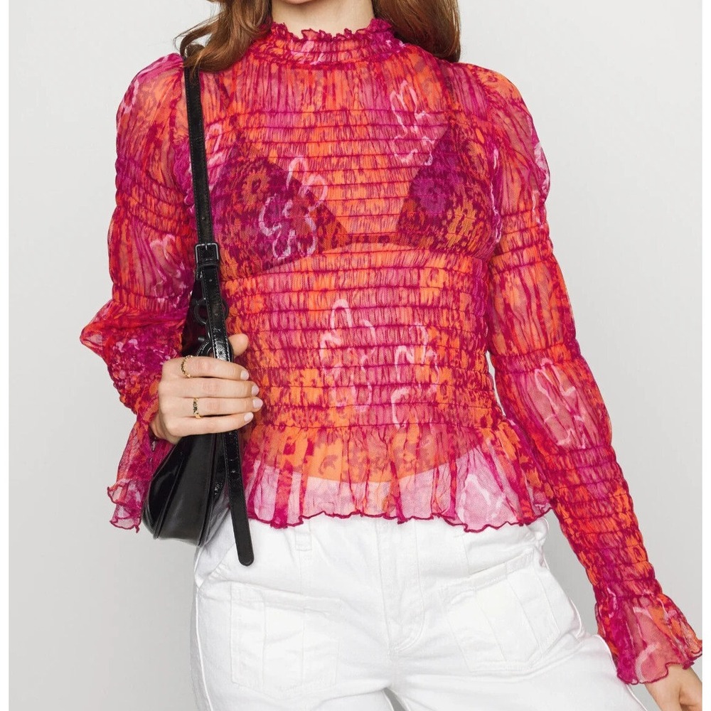 Free People Sheer Smocked Mesh Top XS Pink Ruffle Romantic Y2K NWT